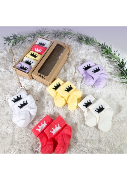 Kız Bebek Çorap Seti 5 Çift – Taç Desenli – Kutulu – Patik Boy – Pamuk