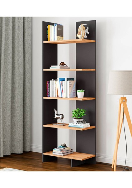Asimetrik Beş Raflı Kitaplık Kt3 Antrasit Çam