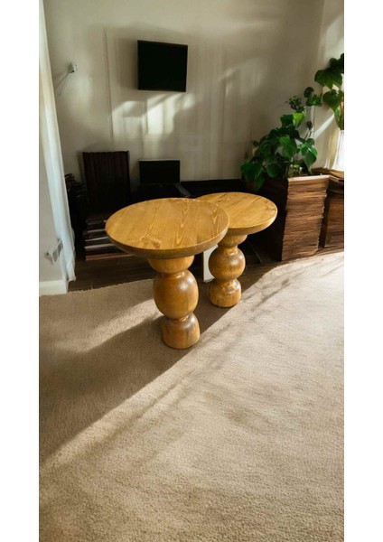 Tütün Renk Masif Ahşap Yan Sehpa – 2’li Doğal Zigon ve Fiskos Sehpa Seti