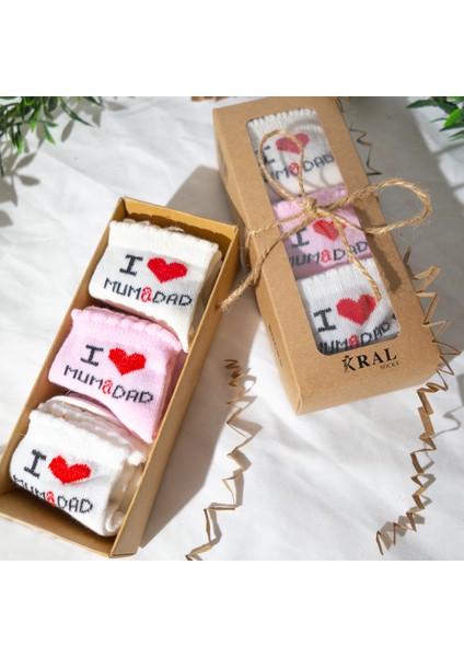 6 Çift Kız Bebek Çorap Kutulu Patik Boy – I Love Mum Dad Desenli, Pamuklu