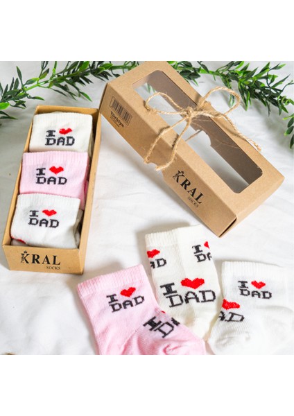 6 Çift Kız Bebek Çorap Kutulu Patik Boy – I Love Dad Desenli, Pamuklu