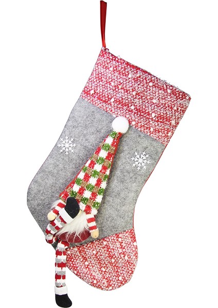 Yılbaşı Süsü Ekose Şapkalı Noel Baba Çorap Gri 60 cm