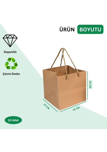 Kraft Karton Pasta Çanta, 10'lu Paket - Kare Taban, Körüklü, Ipli Hediye Taşıma Çantası, 10X10X10 cm