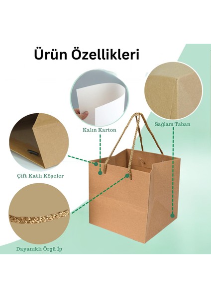 Kraft Karton Pasta Çanta, 10'lu Paket - Kare Taban, Körüklü, Ipli Hediye Taşıma Çantası, 10X10X10 cm fiyatları