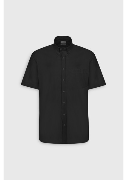 Erkek Siyah Comfort Fit Rahat Kesim Düğmeli Yaka Keten Görünümlü %100 Pamuk Kısa Kollu Gömlek