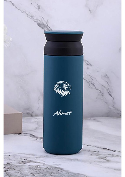 Kişiye Özel 500 ml Paslanmaz Çelik Kartal Baskılı Termos 8 Saat Isı Koruma Kahve ve Çay Termosu