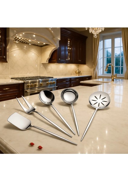 Paslanmaz Çelik 5 Parça Defne Servis Seti - Spatula- Kaşık - Kevgir- Çatal - Kepçe