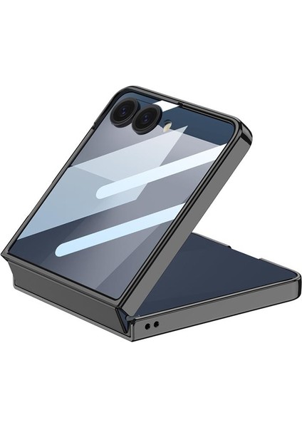 Galaxy Z Flip 7 Uyumlu Magsafe Kılıf Ön Ekran Koruyuculu Şeffaf Kapak Standlı Metalik Kenarlı modelleri