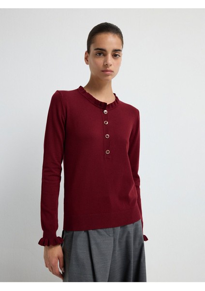Uzun Kollu Patlı Triko Kazak Bordo 13943005002