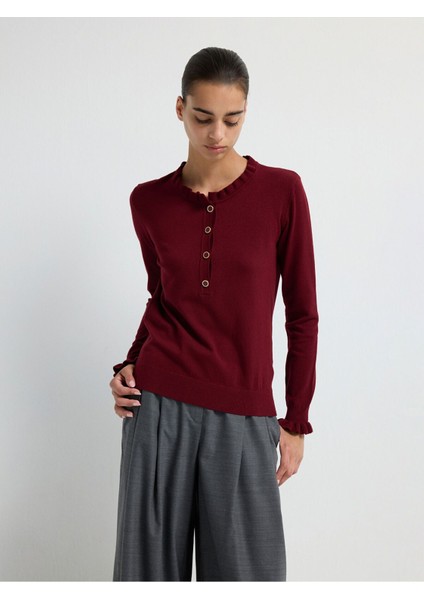 Uzun Kollu Patlı Triko Kazak Bordo 13943005002 fırsatları