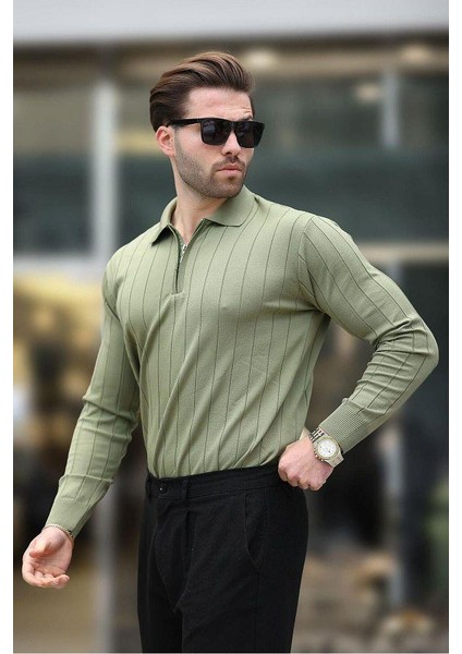 Erkek Slim Fit Polo Yaka Fermuarlı Fitilli Triko Kazak - 4001 fırsatları