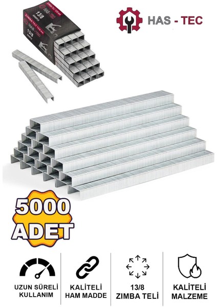 Zımba Teli 13/8 mm | 5000 Adet, Güçlü ve Dayanıklı Çelik Tel, Profesyonel Zımba Tabancaları Için