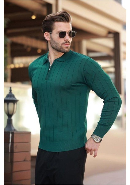 Erkek Slim Fit Polo Yaka Fermuarlı Fitilli Triko Kazak - 4001