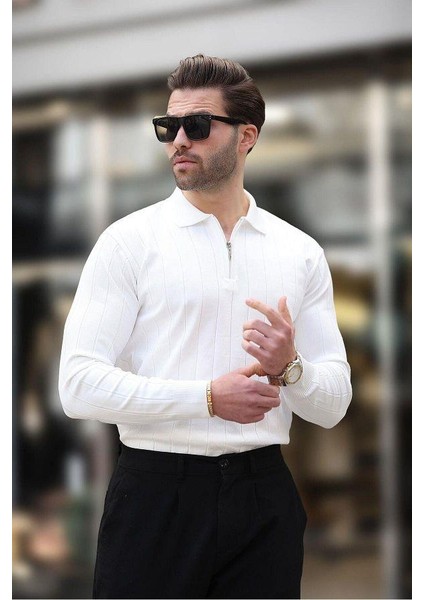 Erkek Slim Fit Polo Yaka Fermuarlı Fitilli Triko Kazak - 4001