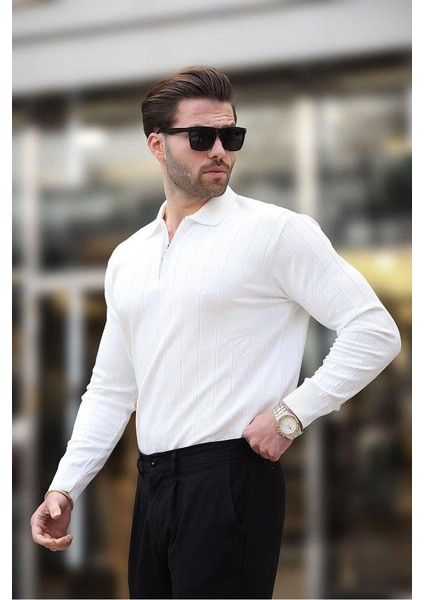 Erkek Slim Fit Polo Yaka Fermuarlı Fitilli Triko Kazak - 4001 fiyatları