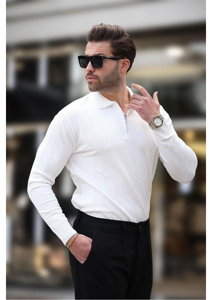 Erkek Slim Fit Polo Yaka Fermuarlı Fitilli Triko Kazak - 4001 modelleri
