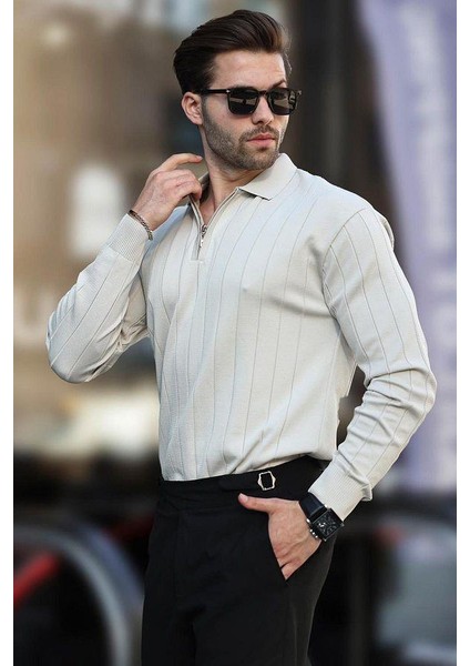 Erkek Slim Fit Polo Yaka Fermuarlı Fitilli Triko Kazak - 4001