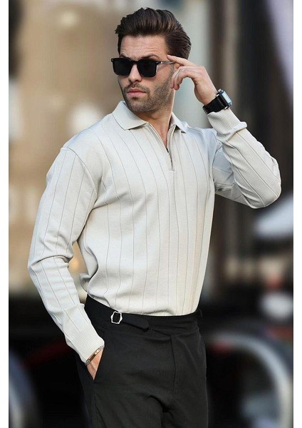 Erkek Slim Fit Polo Yaka Fermuarlı Fitilli Triko Kazak - 4001 fiyatları