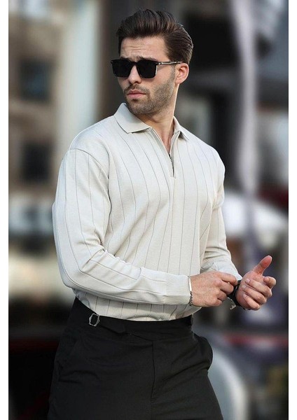 Erkek Slim Fit Polo Yaka Fermuarlı Fitilli Triko Kazak - 4001 modelleri