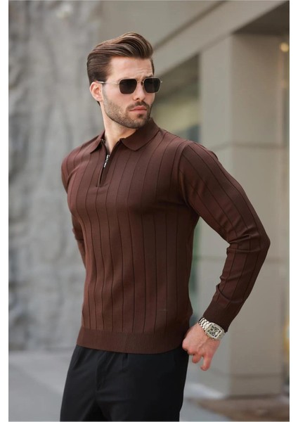 Erkek Slim Fit Polo Yaka Fermuarlı Fitilli Triko Kazak - 4001 modelleri