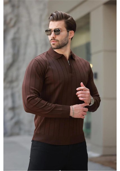 Erkek Slim Fit Polo Yaka Fermuarlı Fitilli Triko Kazak - 4001 fırsatları