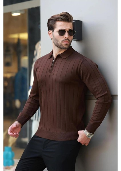 Erkek Slim Fit Polo Yaka Fermuarlı Fitilli Triko Kazak - 4001 indirimleri
