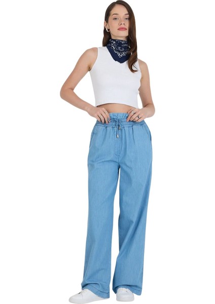 Beli Lastikli ve Bağcıklı Bol Paça Dar Kalıp %100 Pamuk Ince Kot Pantolon