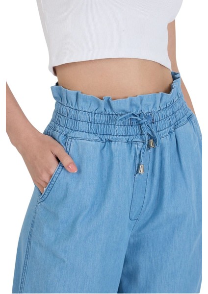 Beli Lastikli ve Bağcıklı Bol Paça Dar Kalıp %100 Pamuk Ince Kot Pantolon indirimleri