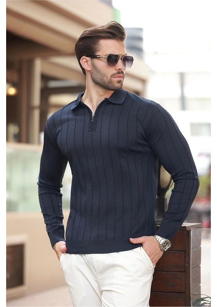Erkek Slim Fit Polo Yaka Fermuarlı Fitilli Triko Kazak - 4001