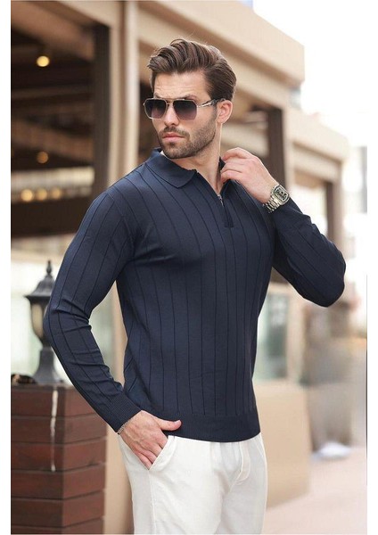 Erkek Slim Fit Polo Yaka Fermuarlı Fitilli Triko Kazak - 4001 fiyatları