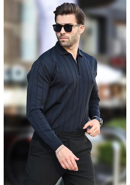 Erkek Slim Fit Polo Yaka Fermuarlı Fitilli Triko Kazak - 4001 modelleri