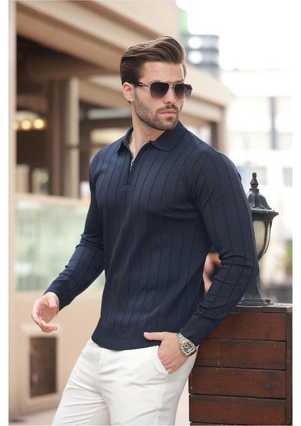 Erkek Slim Fit Polo Yaka Fermuarlı Fitilli Triko Kazak - 4001 fırsatları