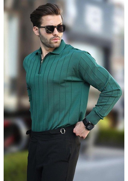 Erkek Slim Fit Polo Yaka Fermuarlı Fitilli Triko Kazak - 4001 fiyatları