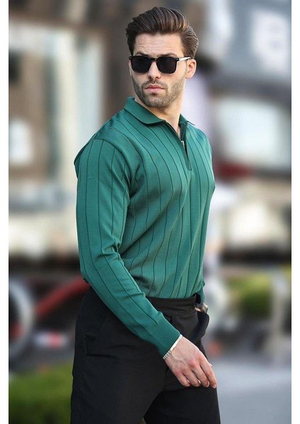 Erkek Slim Fit Polo Yaka Fermuarlı Fitilli Triko Kazak - 4001 modelleri