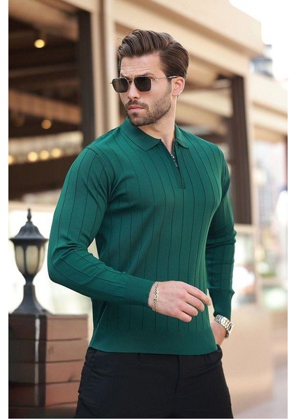Erkek Slim Fit Polo Yaka Fermuarlı Fitilli Triko Kazak - 4001 fırsatları