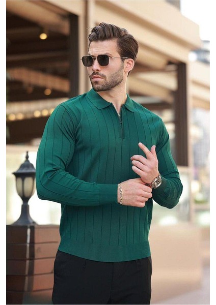 Erkek Slim Fit Polo Yaka Fermuarlı Fitilli Triko Kazak - 4001 indirimleri