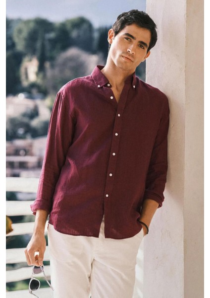 Erkek Bordo %100 Keten Düğmeli Yaka Modern Fit Cepsiz Gömlek