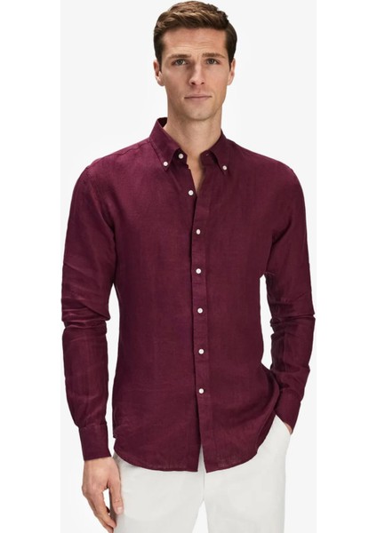 Erkek Bordo %100 Keten Düğmeli Yaka Modern Fit Cepsiz Gömlek fiyatları