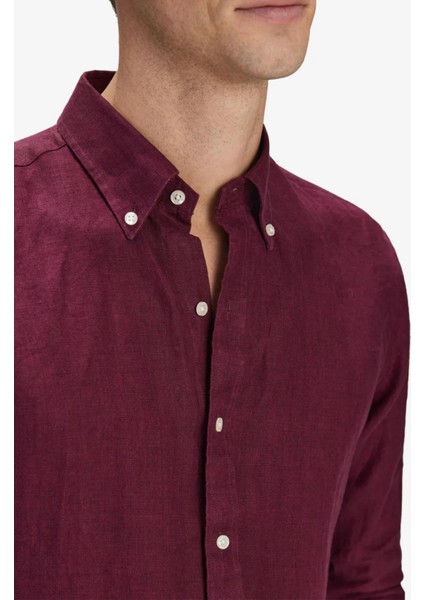 Erkek Bordo %100 Keten Düğmeli Yaka Modern Fit Cepsiz Gömlek modelleri