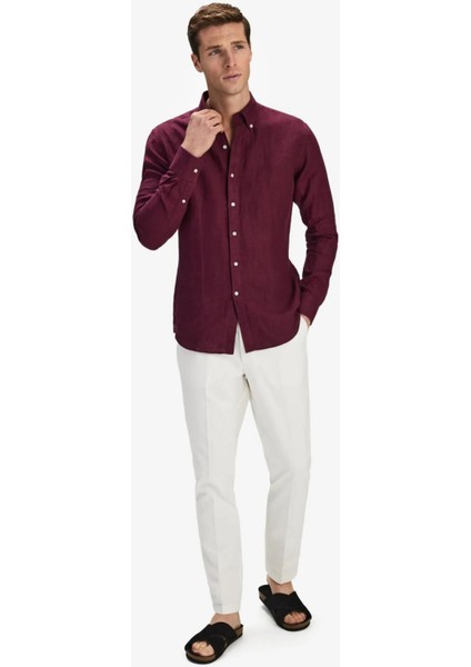 Erkek Bordo %100 Keten Düğmeli Yaka Modern Fit Cepsiz Gömlek fırsatları