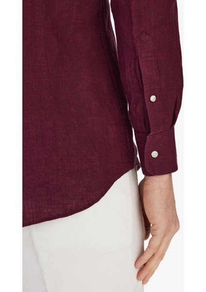 Erkek Bordo %100 Keten Düğmeli Yaka Modern Fit Cepsiz Gömlek indirimleri