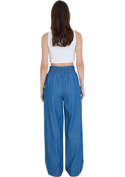 Beli Lastikli ve Bağcıklı Bol Paça Dar Kalıp %100 Pamuk Ince Kot Pantolon modelleri