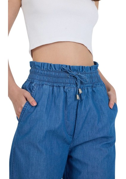 Beli Lastikli ve Bağcıklı Bol Paça Dar Kalıp %100 Pamuk Ince Kot Pantolon fırsatları