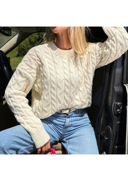 KZK0007 Kadın Saç Örgülü Ekru Rory Gilmore Stil Oversize Triko Kazak