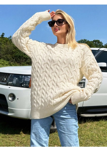 KZK0007 Kadın Saç Örgülü Ekru Rory Gilmore Stil Oversize Triko Kazak modelleri