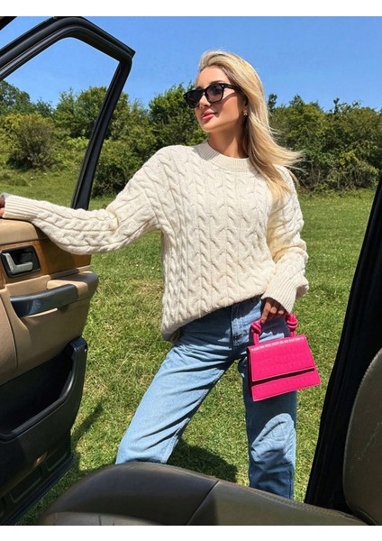 KZK0007 Kadın Saç Örgülü Ekru Rory Gilmore Stil Oversize Triko Kazak indirimleri