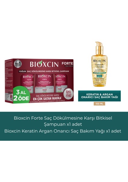 Forte Şampuan 300 ml 3 Al 2 Öde+Bioxcin Keratin & Argan Onarıcı Saç Bakım Yağı 150 ml