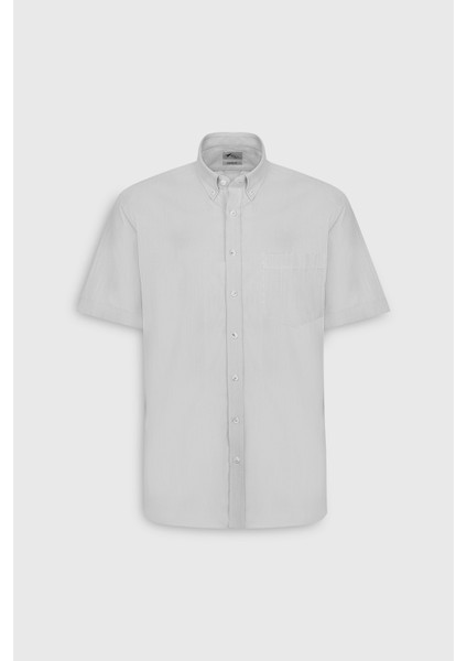 Erkek Gri Comfort Fit Rahat Kesim Düğmeli Yaka Keten Görünümlü %100 Pamuk Flamlı Kısa Kollu Gömlek