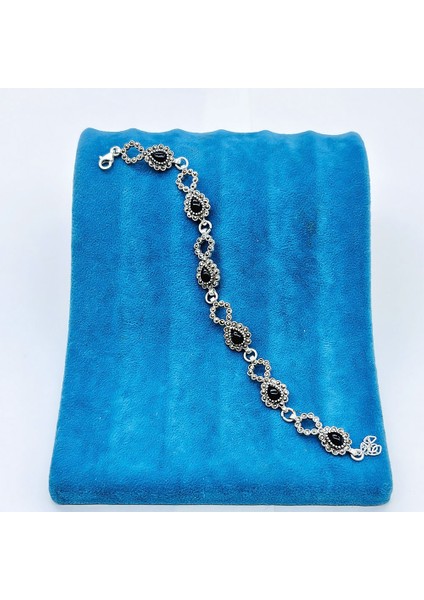 Özel Damla Model Oltu Taşı Işçilikli 925 Ayar Gümüş Bileklik