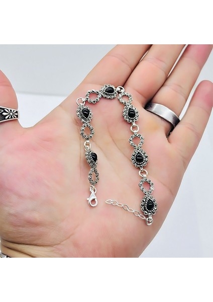 Özel Damla Model Oltu Taşı Işçilikli 925 Ayar Gümüş Bileklik fırsatları